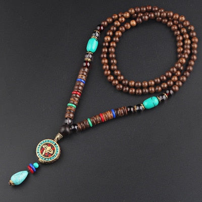 Nepal Long Buddhist Mala Wood Beaded Pendant & Necklace