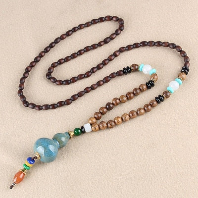 Nepal Long Buddhist Mala Wood Beaded Pendant & Necklace