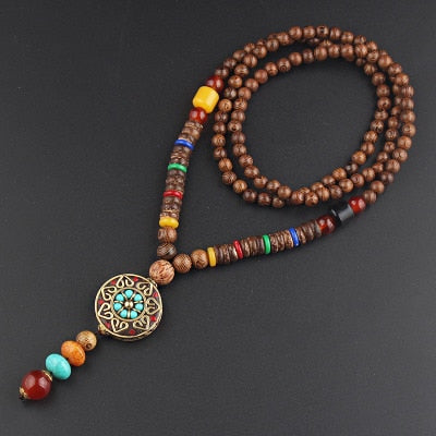 Nepal Long Buddhist Mala Wood Beaded Pendant & Necklace