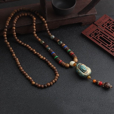 Nepal Long Buddhist Mala Wood Beaded Pendant & Necklace