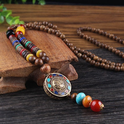 Nepal Long Buddhist Mala Wood Beaded Pendant & Necklace