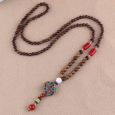 Nepal Long Buddhist Mala Wood Beaded Pendant & Necklace