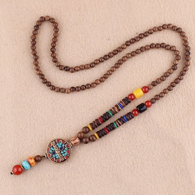 Nepal Long Buddhist Mala Wood Beaded Pendant & Necklace