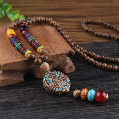 Nepal Long Buddhist Mala Wood Beaded Pendant & Necklace