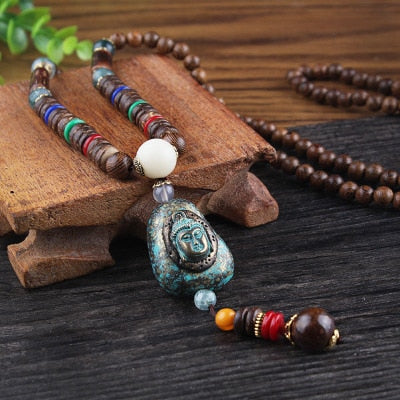 Nepal Long Buddhist Mala Wood Beaded Pendant & Necklace