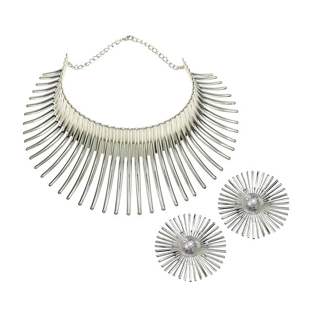 Gold Color Metal Big Exaggerated Torque Choker Necklace Earrings Set