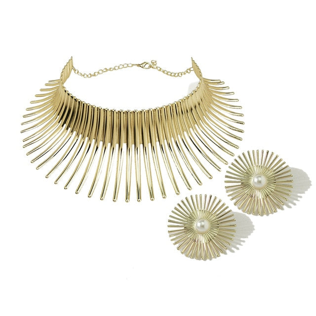 Gold Color Metal Big Exaggerated Torque Choker Necklace Earrings Set