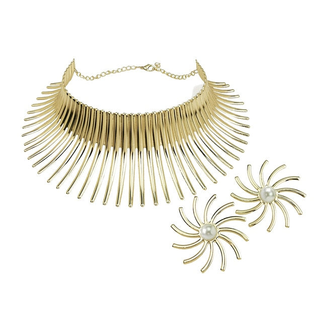 Gold Color Metal Big Exaggerated Torque Choker Necklace Earrings Set