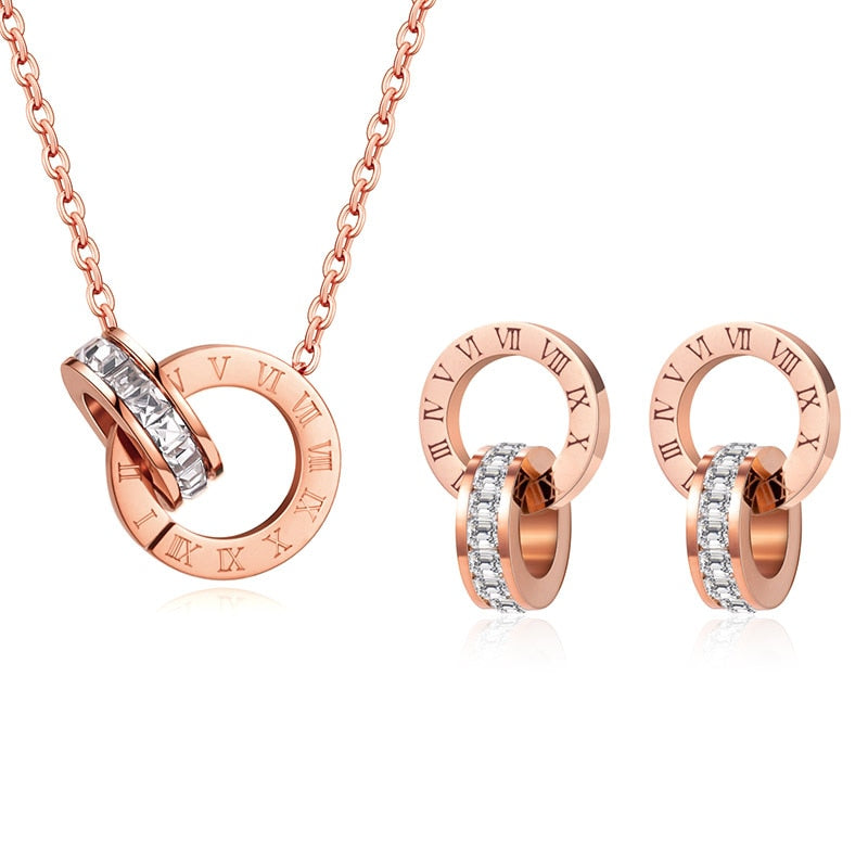 Luxury Elegant Roman Numeral Crystal Necklace Earrings Set