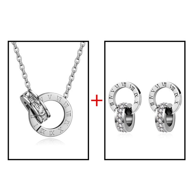 Luxury Elegant Roman Numeral Crystal Necklace Earrings Set