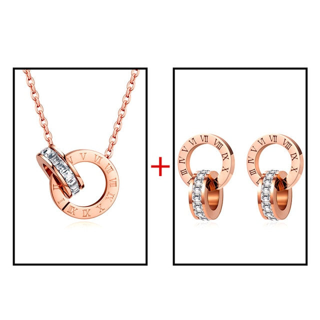 Luxury Elegant Roman Numeral Crystal Necklace Earrings Set