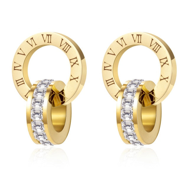 Luxury Elegant Roman Numeral Crystal Necklace Earrings Set