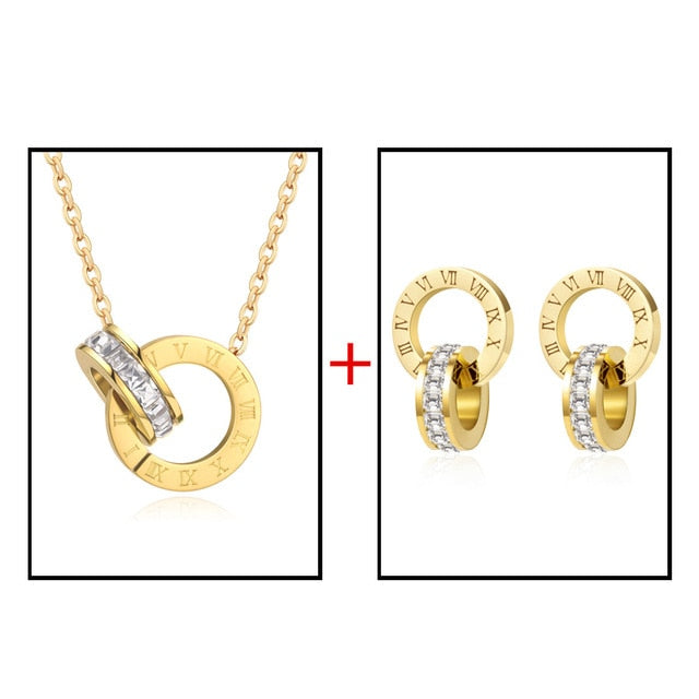 Luxury Elegant Roman Numeral Crystal Necklace Earrings Set