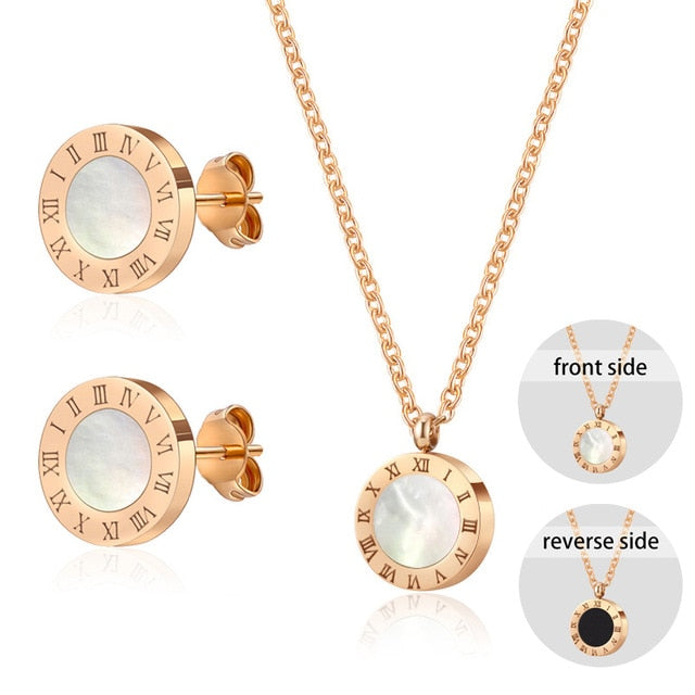 Luxury Elegant Roman Numeral Crystal Necklace Earrings Set