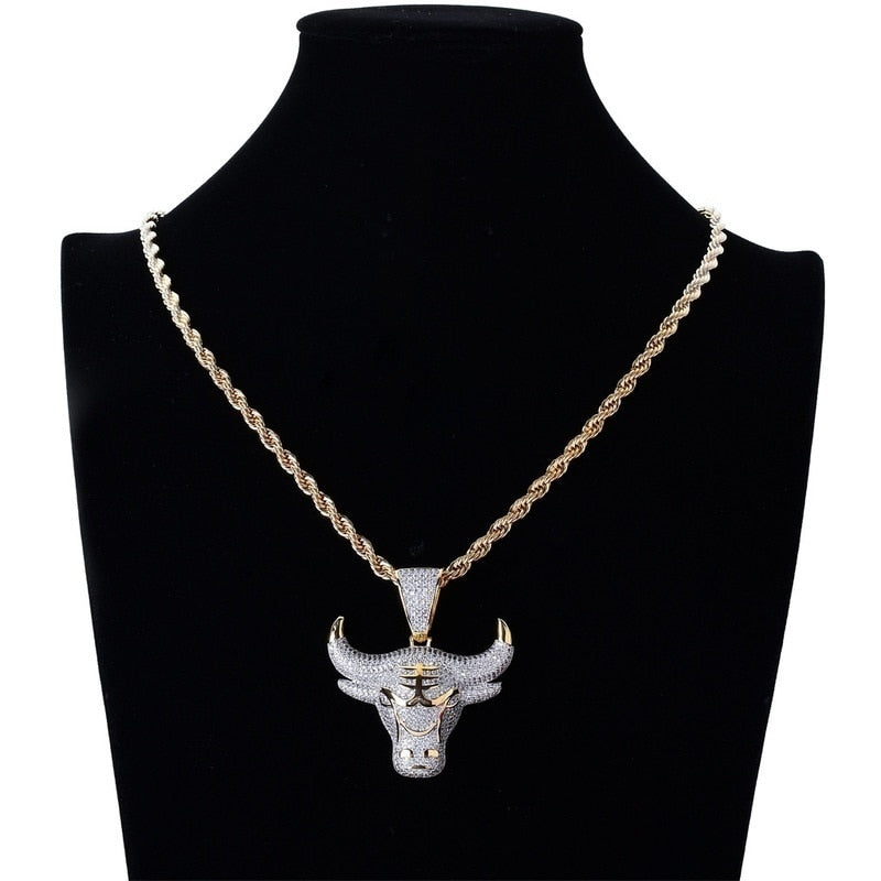 Men Hip Hop Fashion Full Rhinestone Bull Head Pendant Necklace