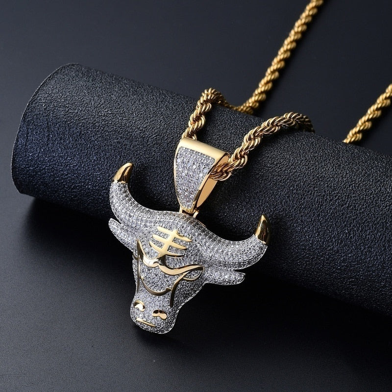Men Hip Hop Fashion Full Rhinestone Bull Head Pendant Necklace