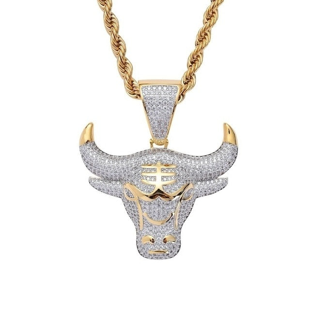 Men Hip Hop Fashion Full Rhinestone Bull Head Pendant Necklace
