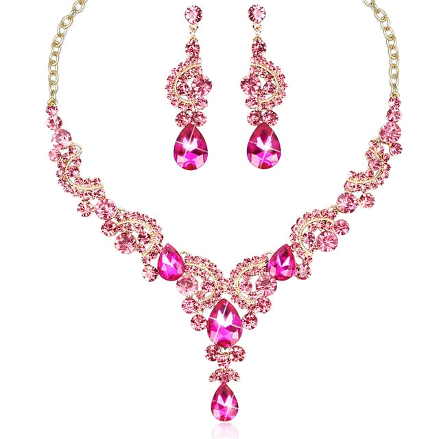Luxury Crystal Earrings Necklace Bridal Wedding Jewelry Set