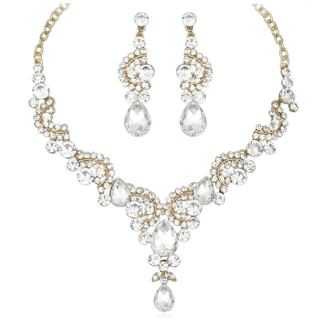 Luxury Crystal Earrings Necklace Bridal Wedding Jewelry Set