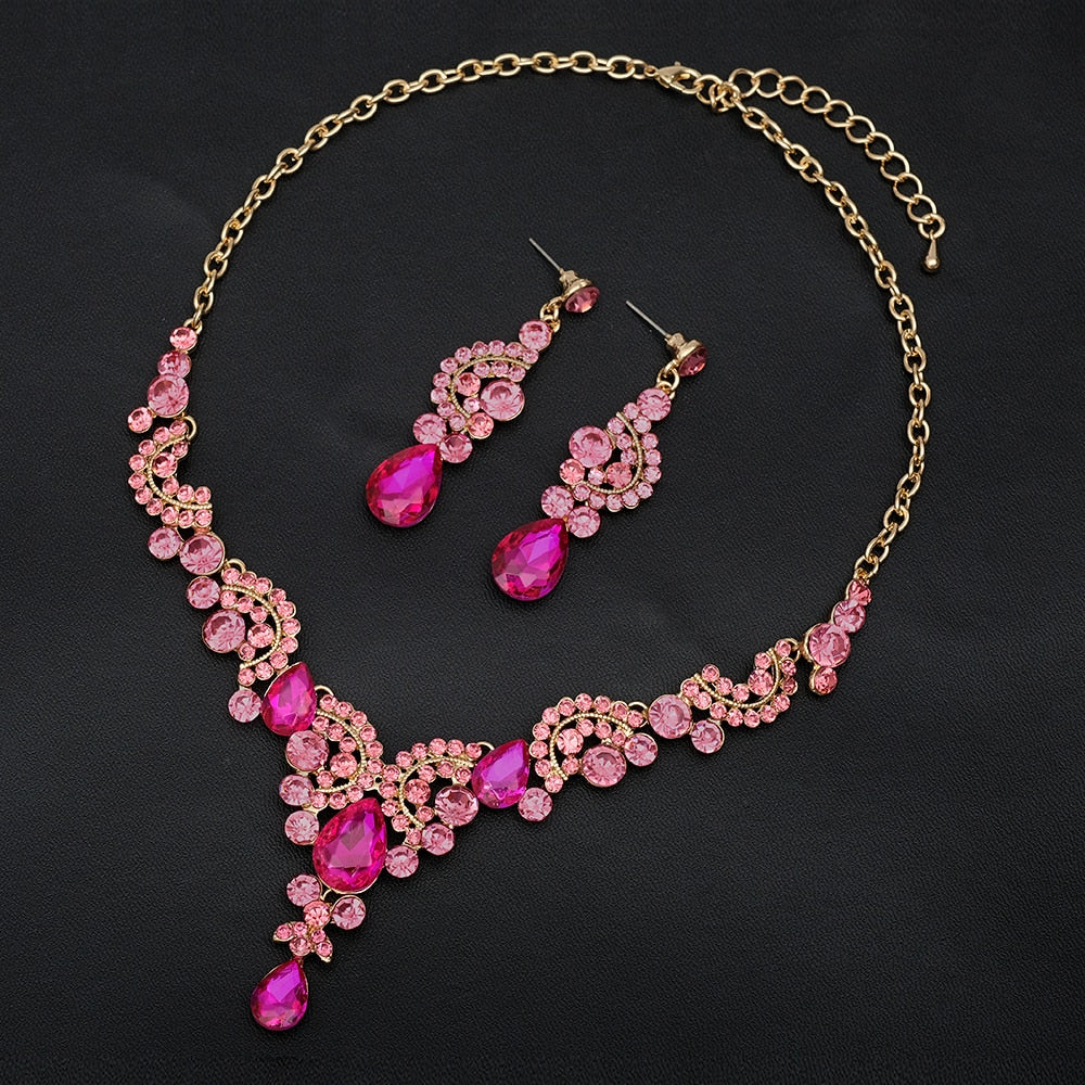 Luxury Crystal Earrings Necklace Bridal Wedding Jewelry Set