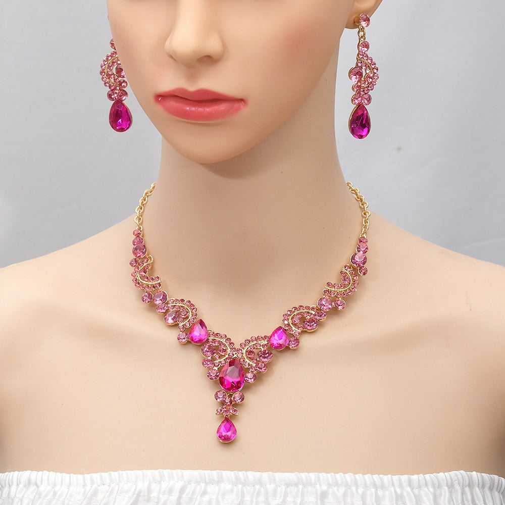 Luxury Crystal Earrings Necklace Bridal Wedding Jewelry Set
