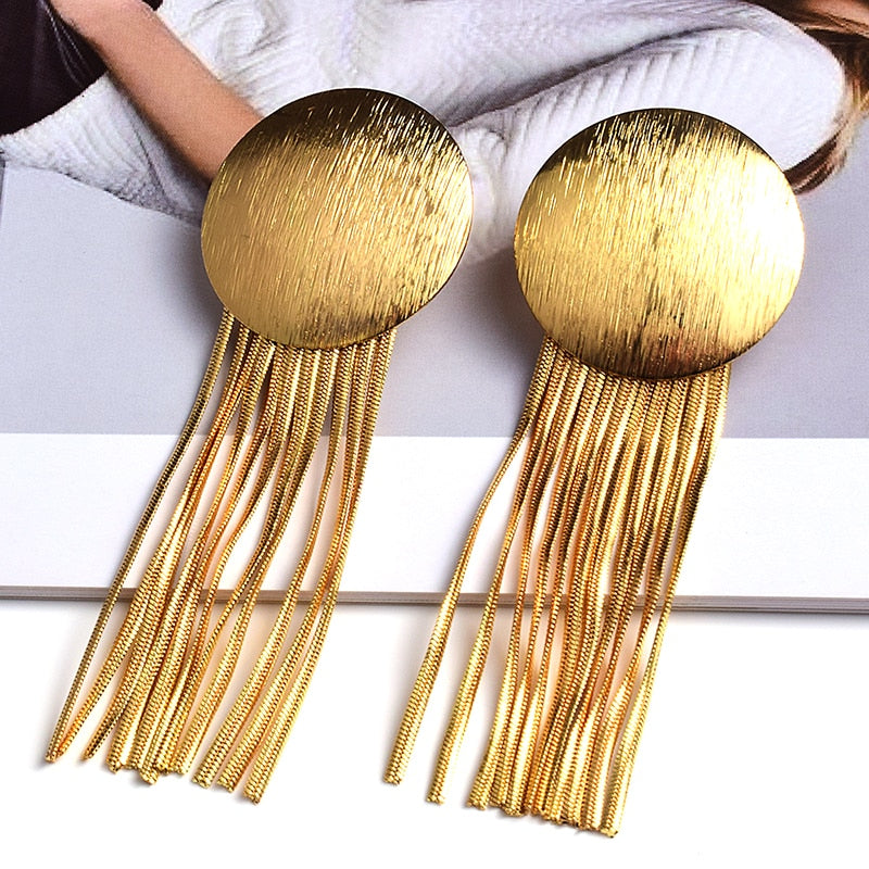 New Arrival Long Gold Metal Chain Tassel Earrings