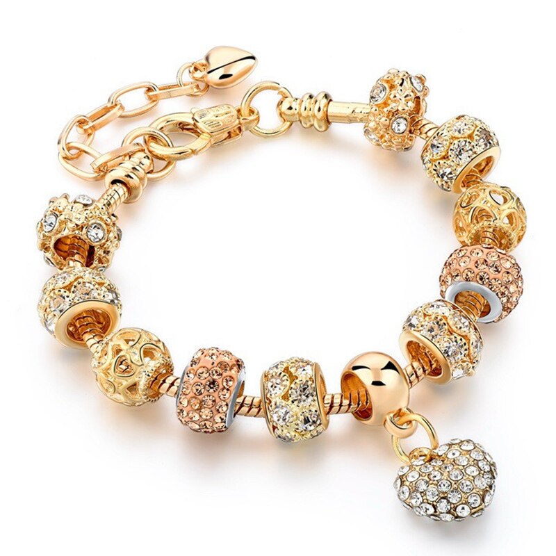 Crystal Heart Beads  Gold Color Snake Chain Bracelets