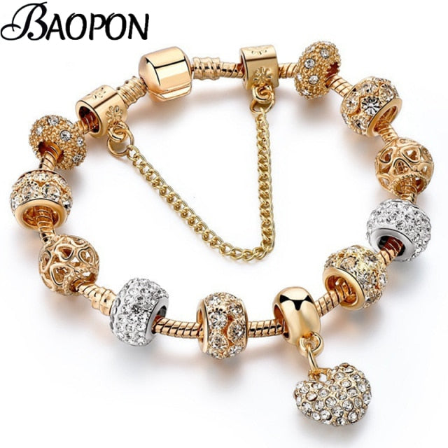 Crystal Heart Beads  Gold Color Snake Chain Bracelets