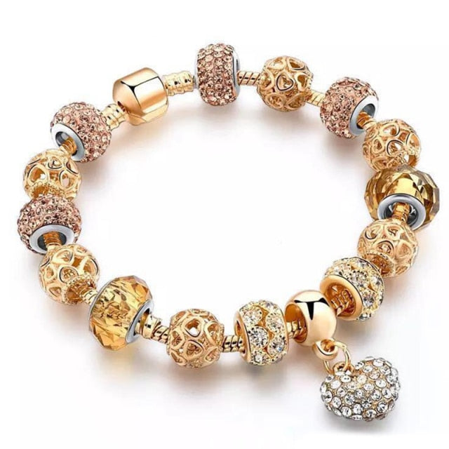 Crystal Heart Beads  Gold Color Snake Chain Bracelets