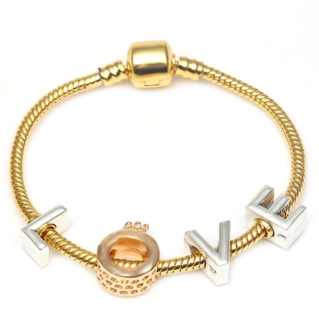 Crystal Heart Beads  Gold Color Snake Chain Bracelets