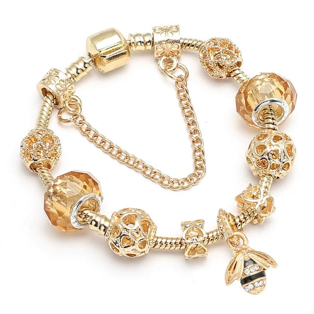 Crystal Heart Beads  Gold Color Snake Chain Bracelets