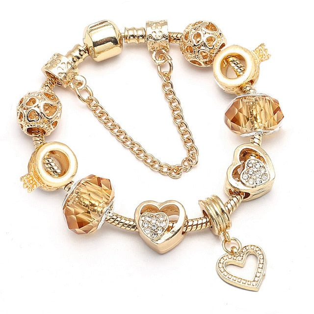 Crystal Heart Beads  Gold Color Snake Chain Bracelets