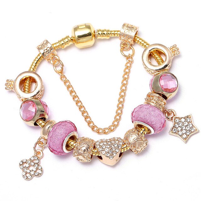 Crystal Heart Beads  Gold Color Snake Chain Bracelets