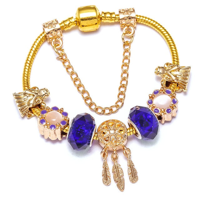 Crystal Heart Beads  Gold Color Snake Chain Bracelets
