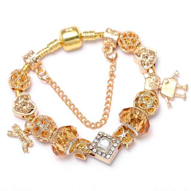 Crystal Heart Beads  Gold Color Snake Chain Bracelets
