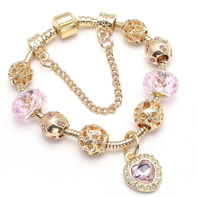 Crystal Heart Beads  Gold Color Snake Chain Bracelets