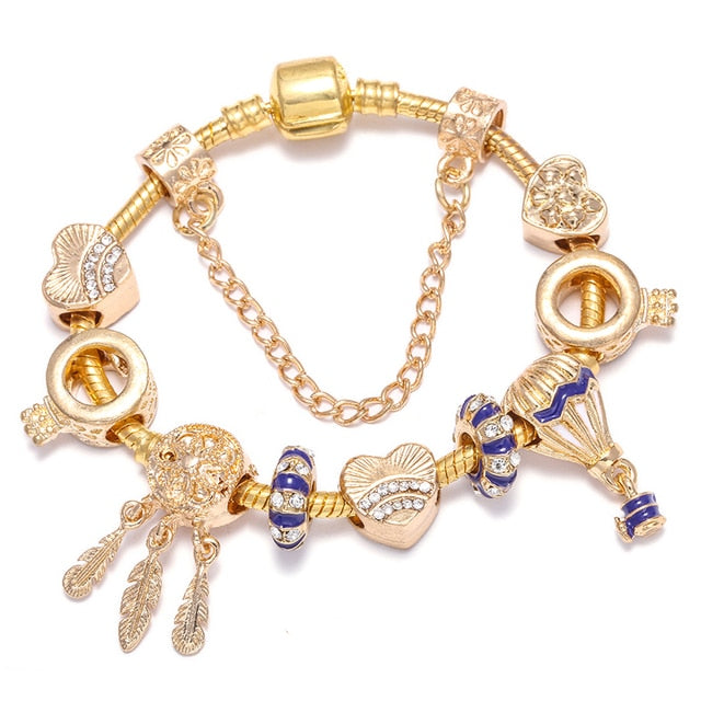 Crystal Heart Beads  Gold Color Snake Chain Bracelets