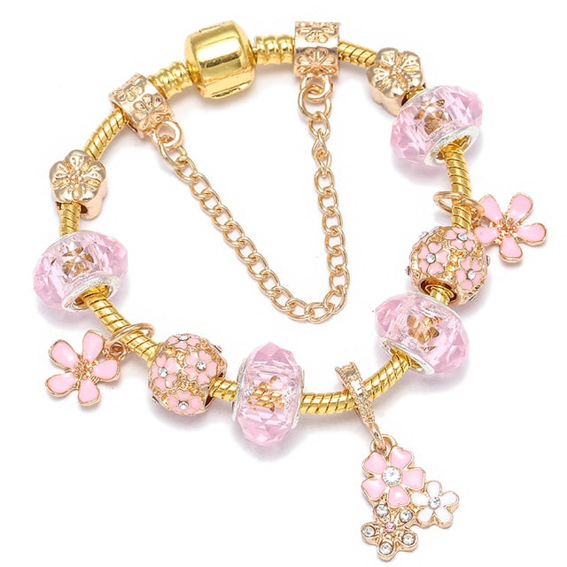 Crystal Heart Beads  Gold Color Snake Chain Bracelets