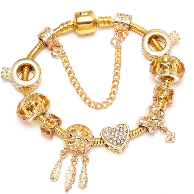 Crystal Heart Beads  Gold Color Snake Chain Bracelets