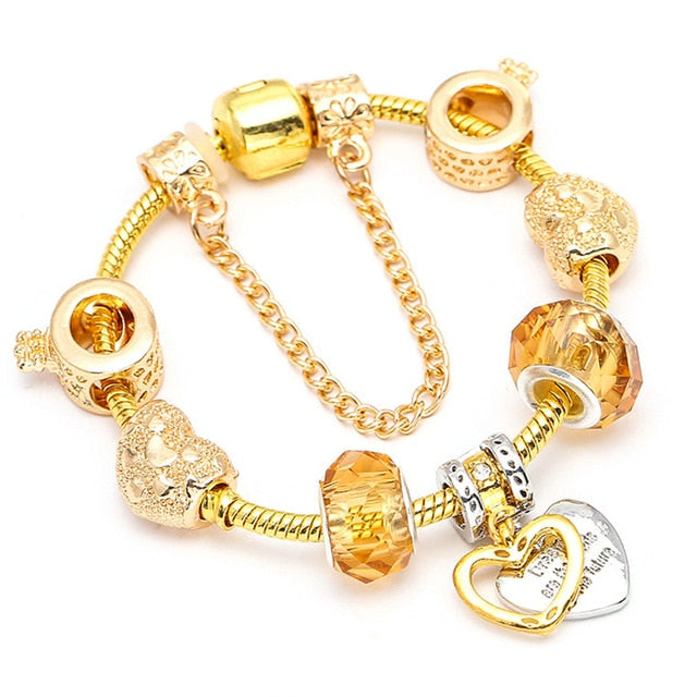 Crystal Heart Beads  Gold Color Snake Chain Bracelets
