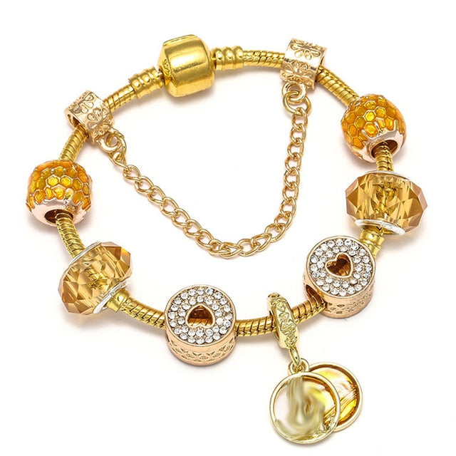 Crystal Heart Beads  Gold Color Snake Chain Bracelets