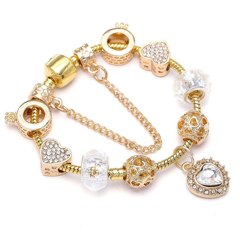 Crystal Heart Beads  Gold Color Snake Chain Bracelets