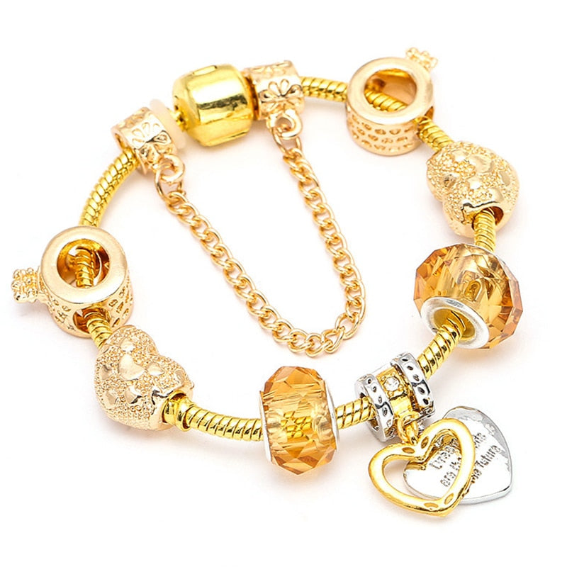 Crystal Heart Beads  Gold Color Snake Chain Bracelets