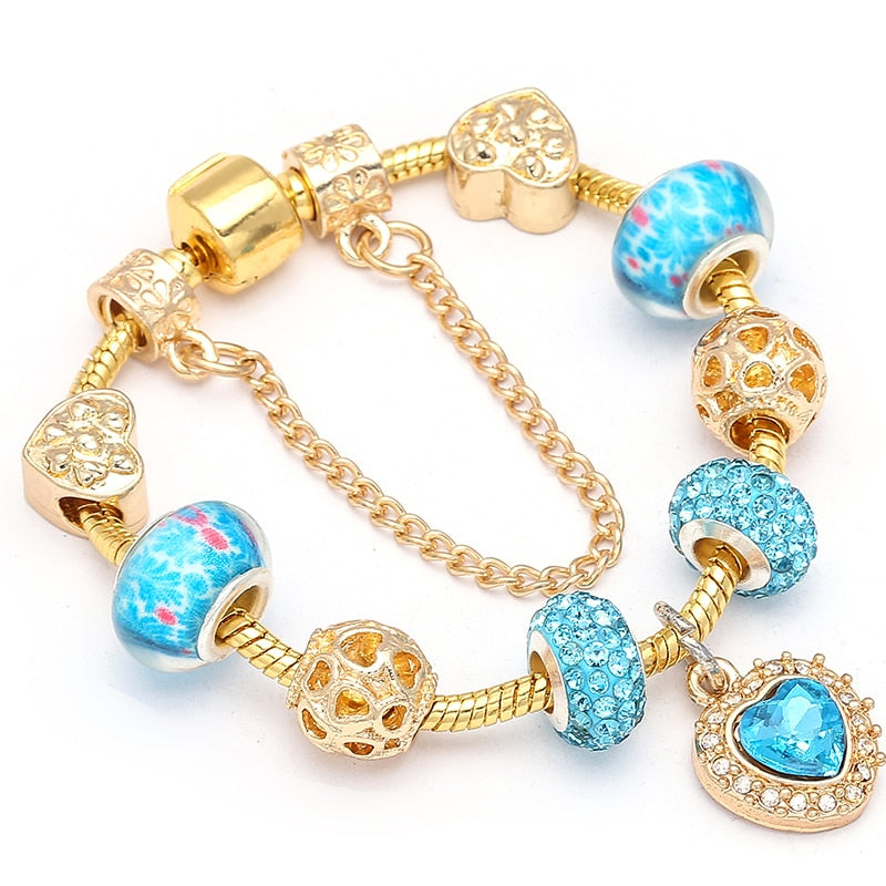 Crystal Heart Beads  Gold Color Snake Chain Bracelets