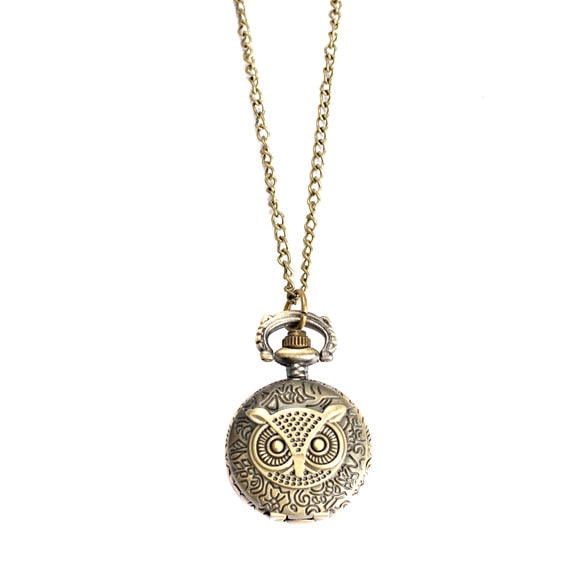 Vintage Retro Small Size Owl Caving Pattern Long Necklace Pocket Watch
