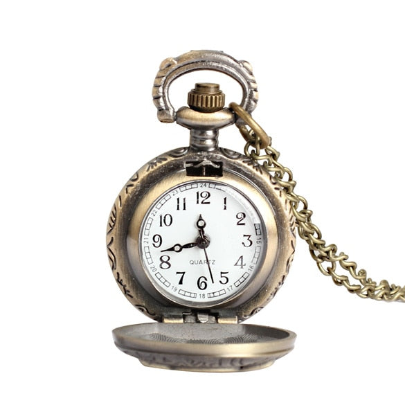 Vintage Retro Small Size Owl Caving Pattern Long Necklace Pocket Watch