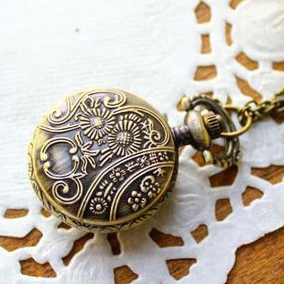 Vintage Retro Small Size Owl Caving Pattern Long Necklace Pocket Watch