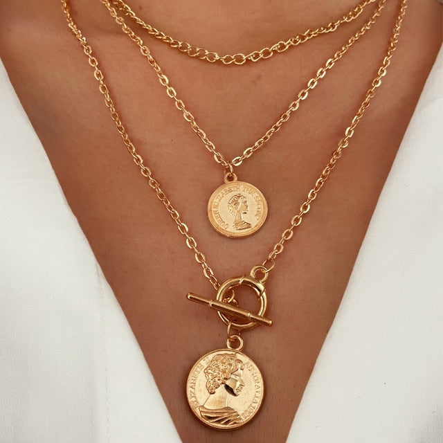 Trendy Gold Carved Portrait Coin Pendant Necklace