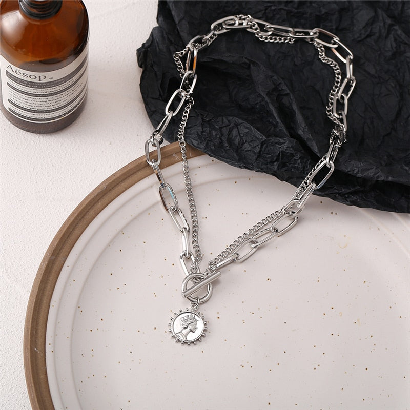 Trendy Gold Carved Portrait Coin Pendant Necklace