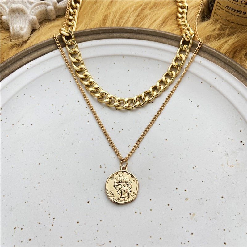 Trendy Gold Carved Portrait Coin Pendant Necklace